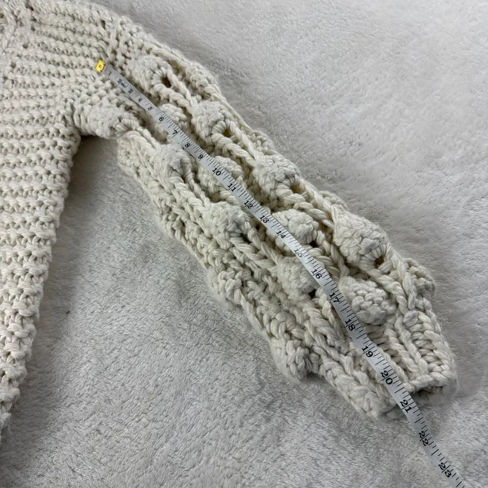 Adora Pom‎ Pom Sleeve Cardigan Womens One Size Cream Chunky Knit Open Front Boho